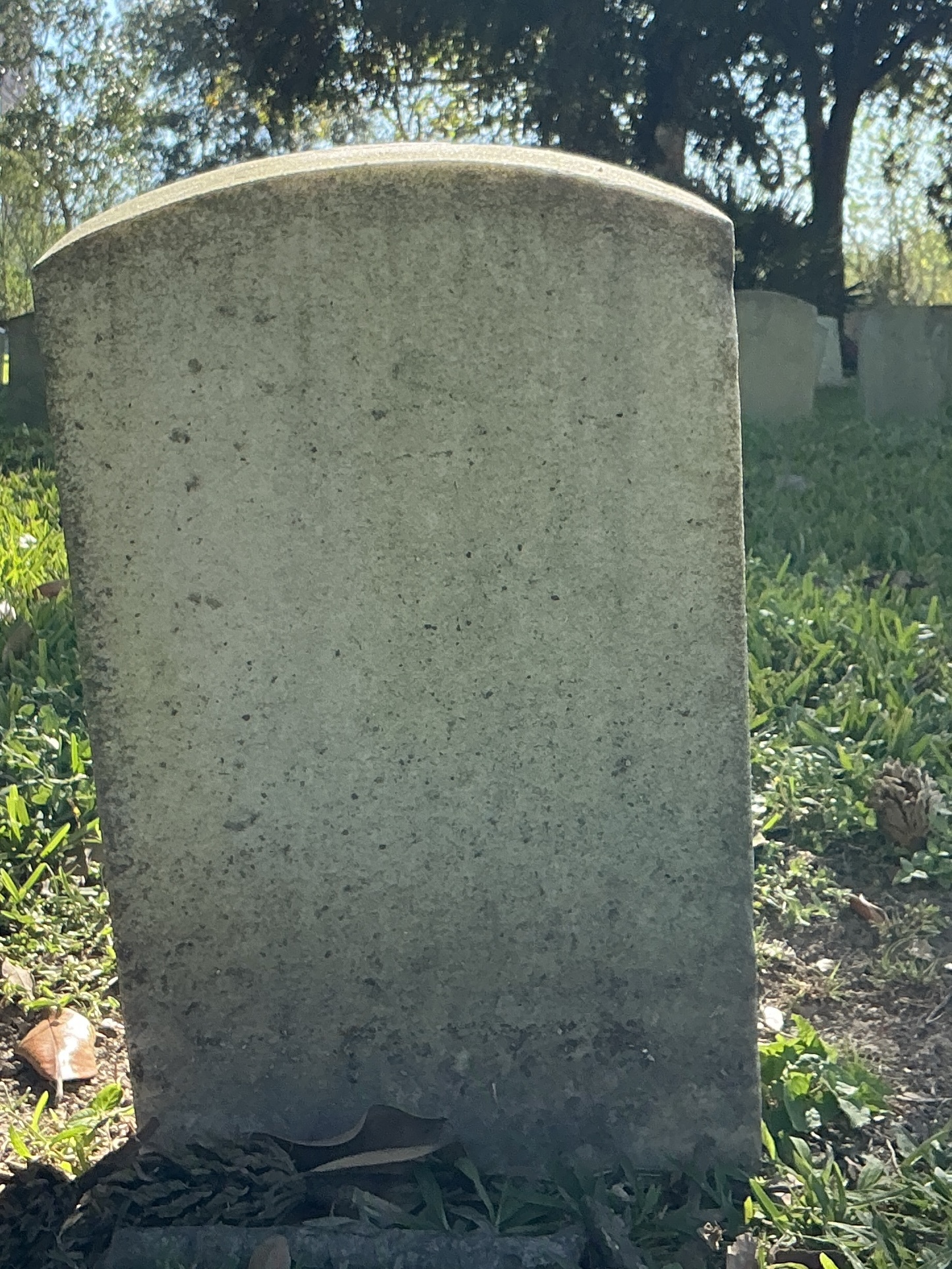 Back of historic upright marble headstone with recessed shield face.