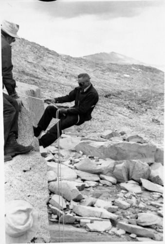 Copy Neg: Michael Dixon, 1985. Original photo in the 1950 Yosemite Field School Yearbook. "Carl demonstrates."