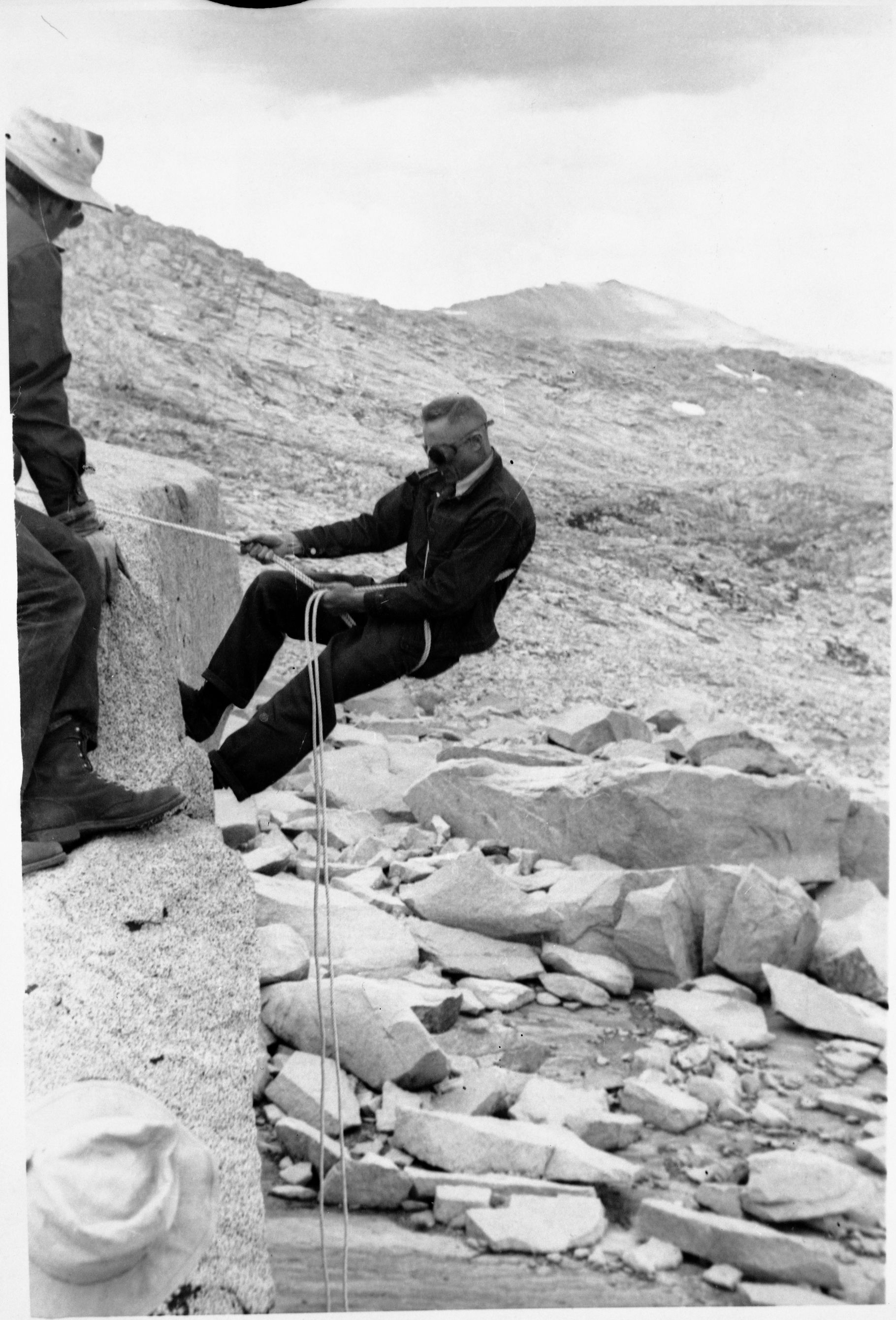 Copy Neg: Michael Dixon, 1985. Original photo in the 1950 Yosemite Field School Yearbook. "Carl demonstrates."