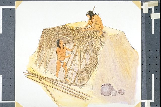 Artist's conceptual illustration of a scene depicts ancestral Puebloans constructing a pithouse.