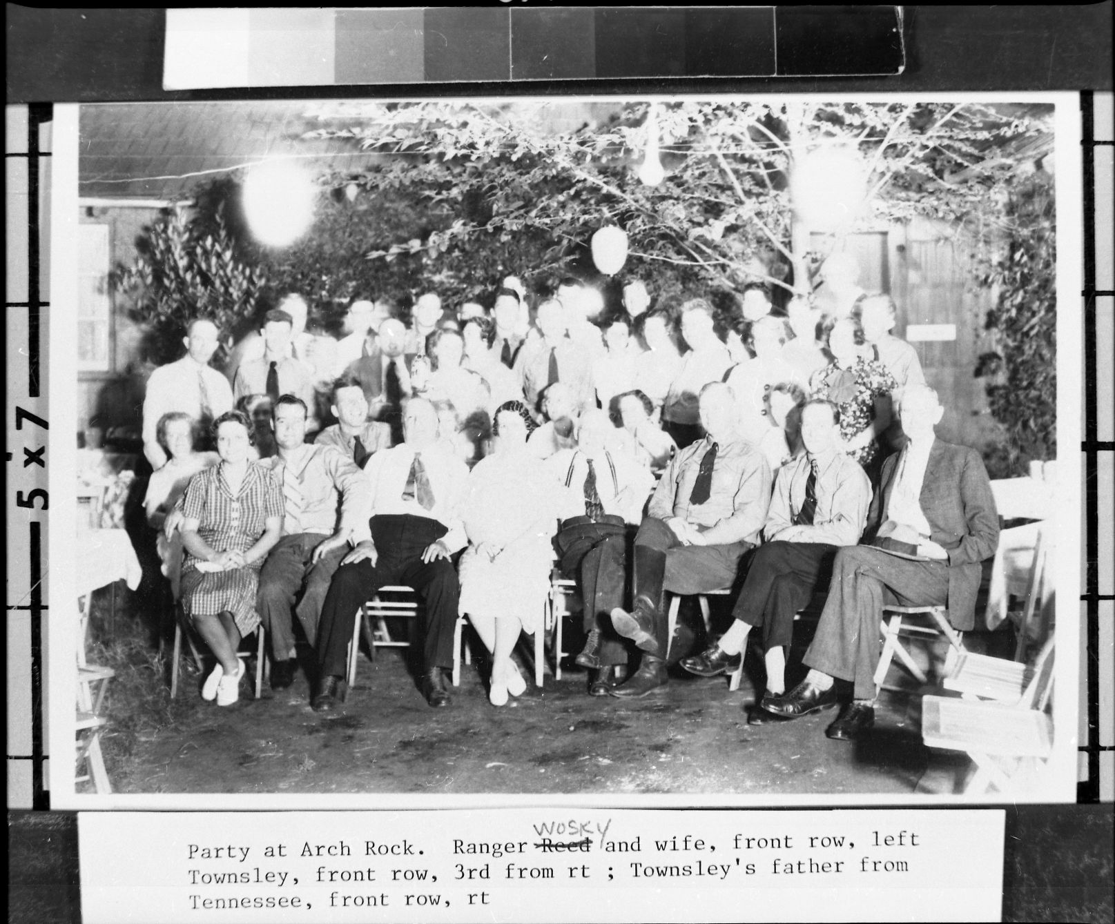 Party at Arch Rock. Copied from the Wegner photo album. Ranger Wosky & wife (front row, left), Ranger Reed & wife (next to Wosky), Townsley (front row, 3rd from right), Townsley's father from Tennessee (front row, right)