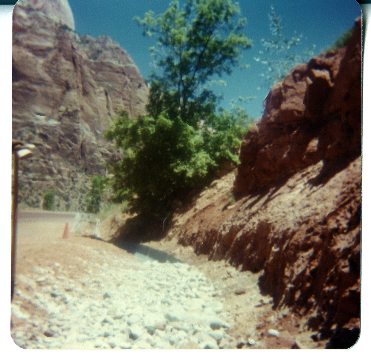 Gravel on side of the road along the Zion-Mt. Carmel Highway switchbacks.