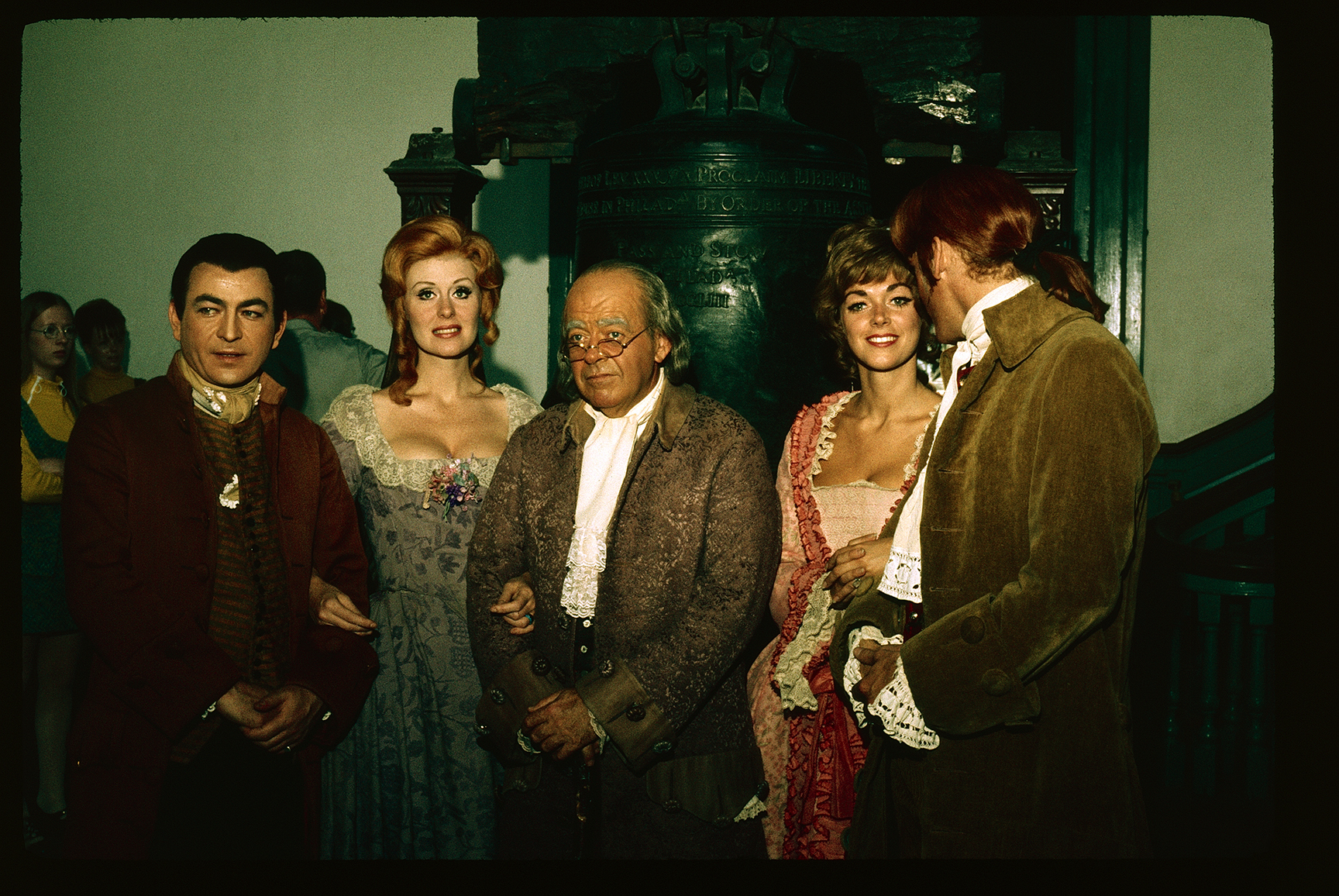 Independence Hall. Interior. Cast of the touring production of the musical "1776". Actors left to right: Patrick Bedford, Barbara Lang, Rex Everheart, Kristen Banfield, and George Backman.