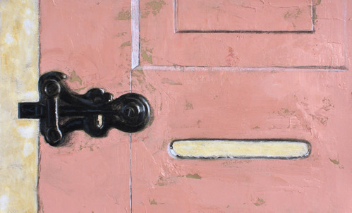 The latch and slot on an old folding wooden door are rendered in colored pencil and oil paint.