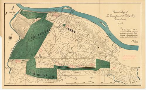 General Map of the Encampment at Valley Forge, Pennsylvania, 1777-8  Note:  The Camp Defences and Roads are shown as marked on the contemporary French Map in the Library of Cornell University.  Topography restored as nearly as possible to the old condition