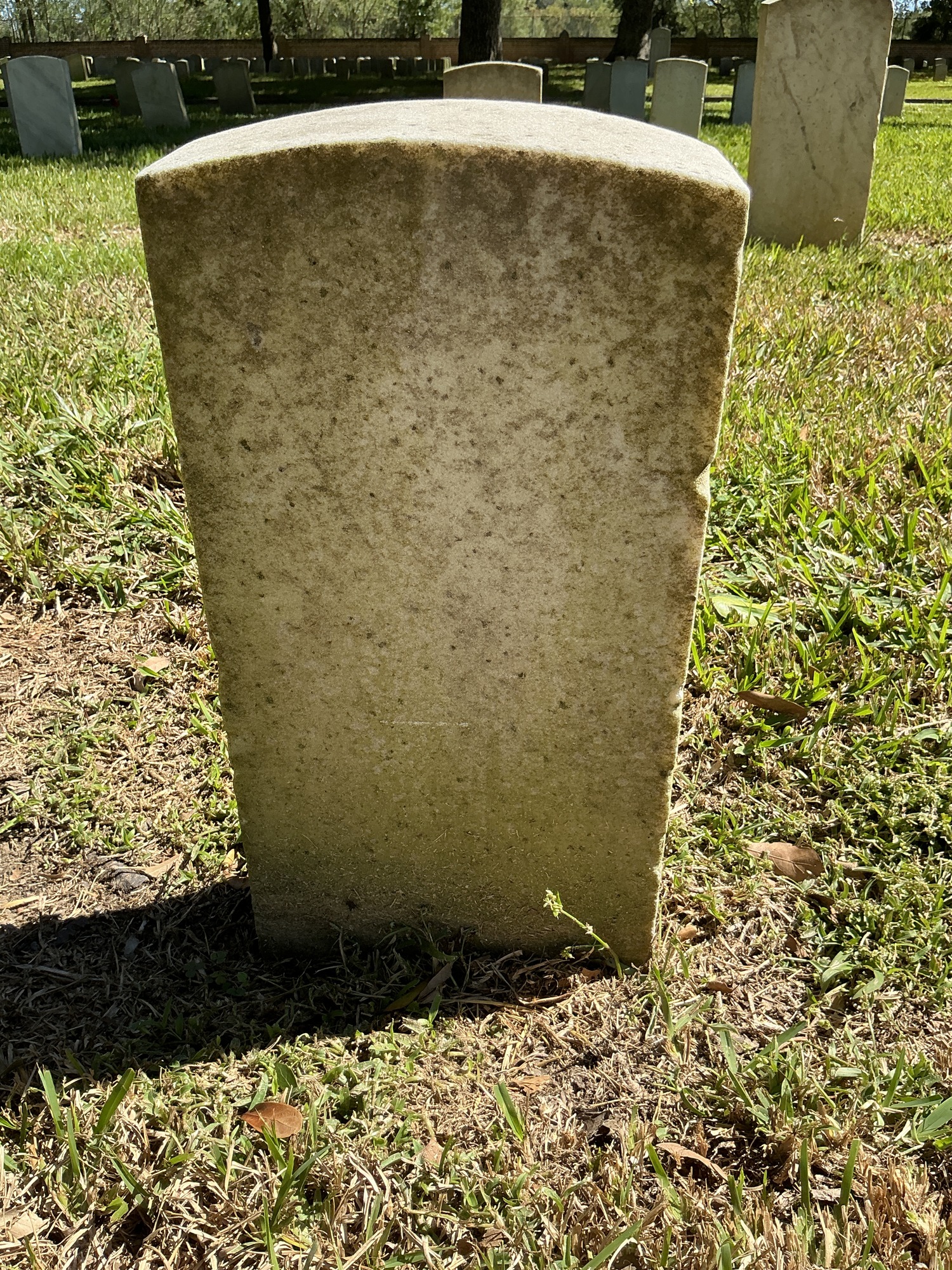Back of historic upright marble headstone with recessed shield face.