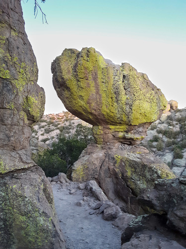 balanced rock and narrow trail with vibrant yellow lichen