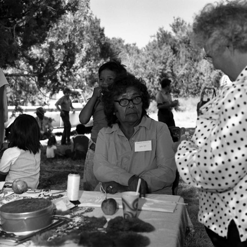 Yetta Jake, Paiute, her grandchildren, and a visitor at third Folklife Festival at the Zion National Park Nature Center.