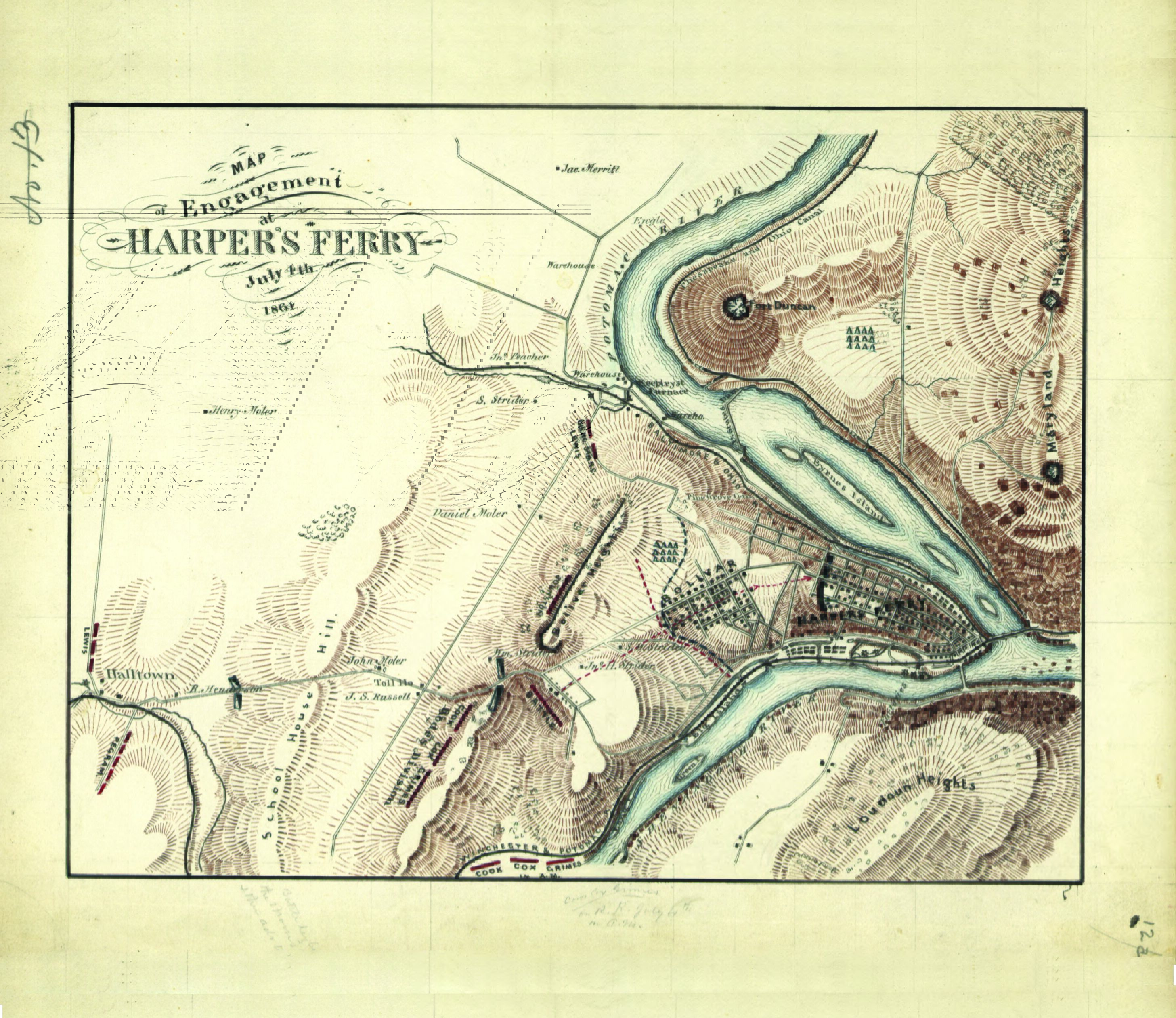 A yellowed hand-drawn map of a river town is overlaid with opposing battle lines and troop movements.