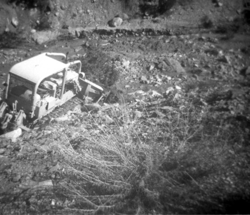BW photos of rock slides in Kolob Canyons - 110mm. Bulldozer clearing rock slide.