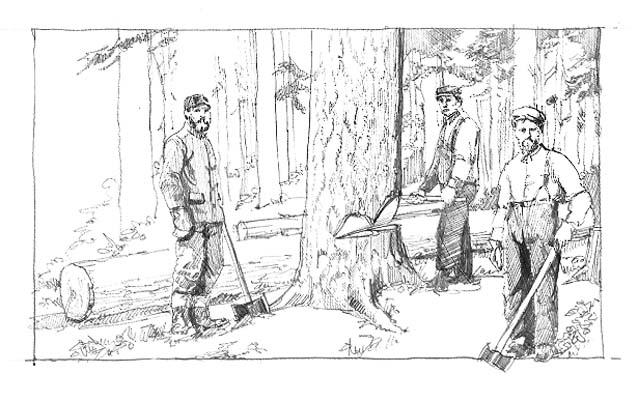 Scene depicts three lumbermen (lumberjacks) in the process of cutting (felling) a tree using axes.