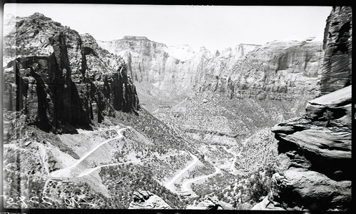 Pine creek, west temple, and the Zion-Mt. Carmel switchbacks from the canyon overlook.