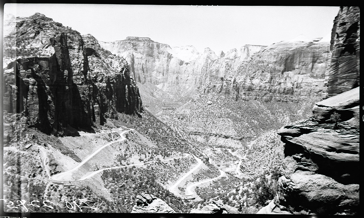 Pine creek, west temple, and the Zion-Mt. Carmel switchbacks from the canyon overlook.
