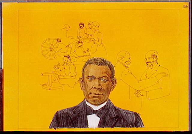 Dr. Booker T. Washington was a visionary and idealist. Portrait superimposed over line illustrations depicts various activities at Tuskegee Institute.