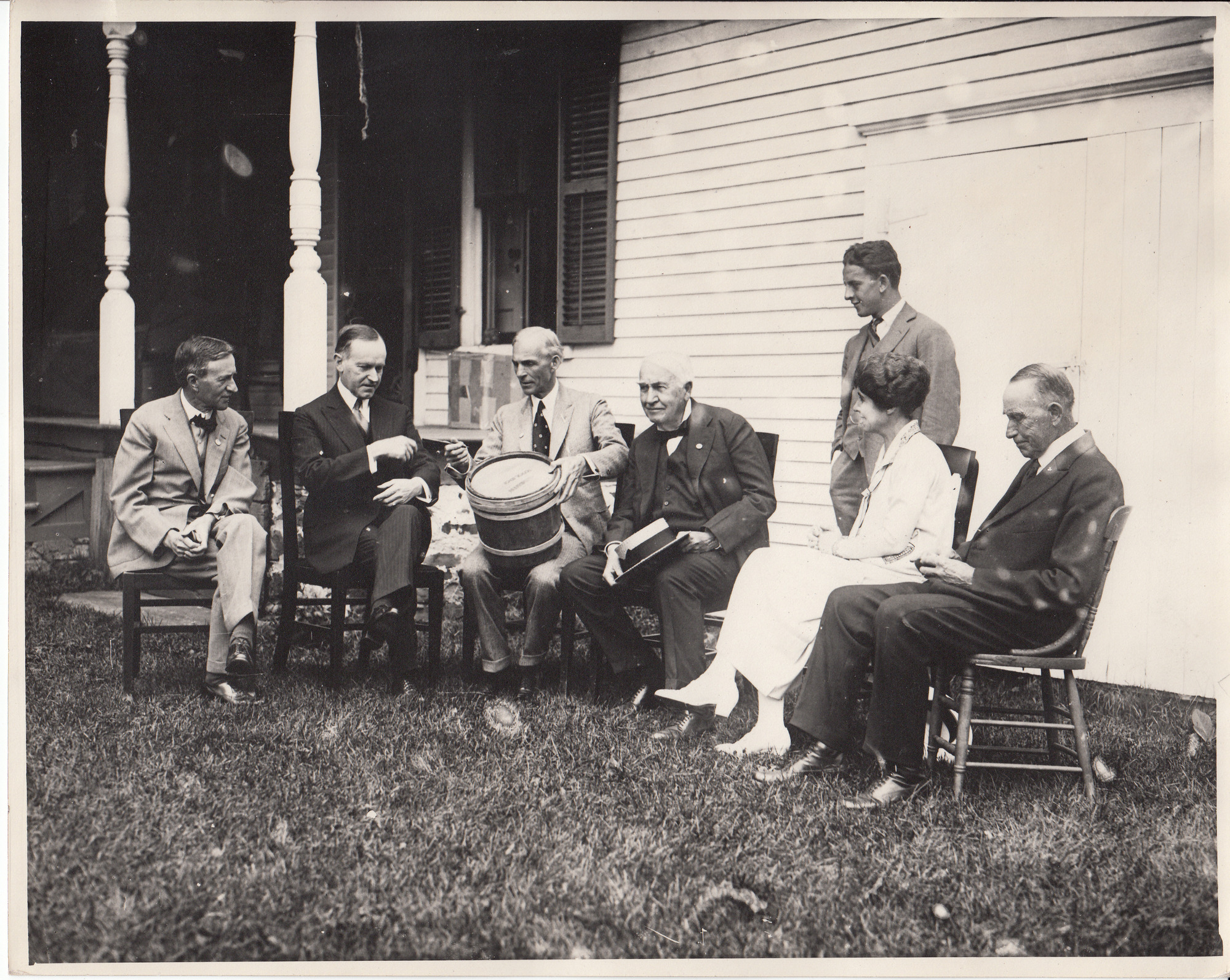 Harvey S. Firestone, President Calvin Coolidge, Henry Ford, Thomas Edison, Russell A. Firestone, Grace Coolidge, and John C. Coolidge visiting Coolidge Farm.