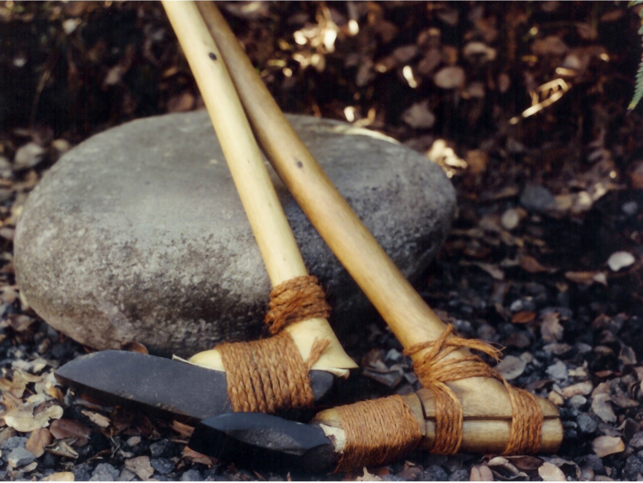 Two Hawaiian stone adzes, or koʻi, with long wood handles sit on a large flat pōhaku (rock). 