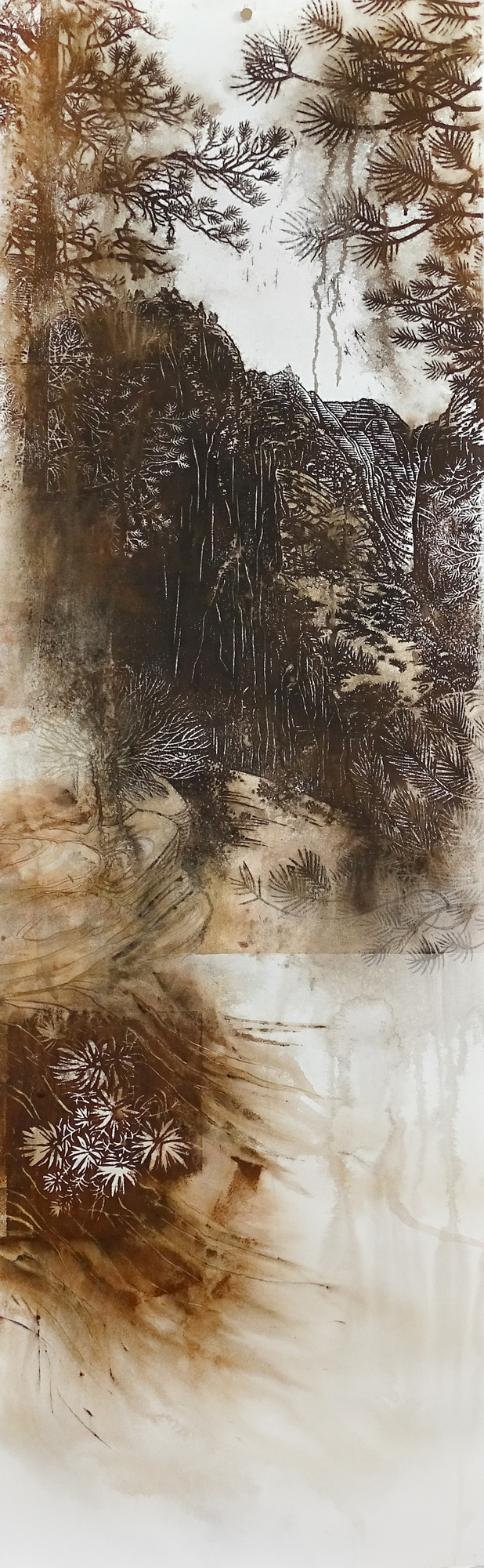 A monochrome image made with ink on paper. In the middleground, tall black sandstone cliffs stand above a canyon. In the very center of the image, a white trail follows a ridge up to Angels Landing (a tall peak). In the far background, gray cliffs rise under a white sky. In the foreground, black trees and shrubs dot the white sandstone landscape. A bushy cluster of flowers is seen below.