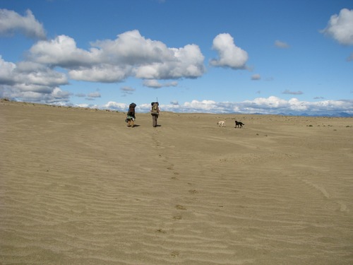 two hikers on sand dunes