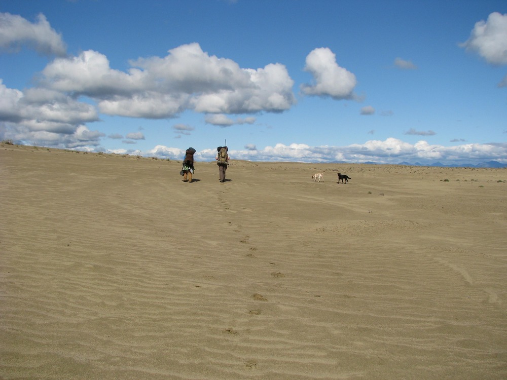 two hikers on sand dunes