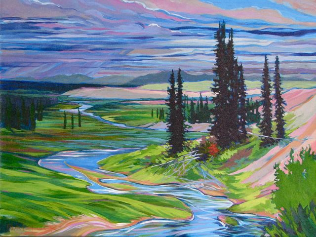 painting of a stream and spruce trees