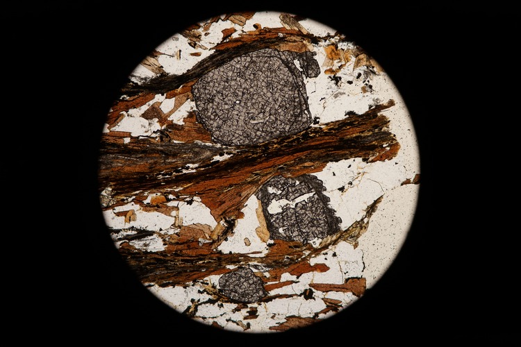 Circular microscopic image of rock structure.
