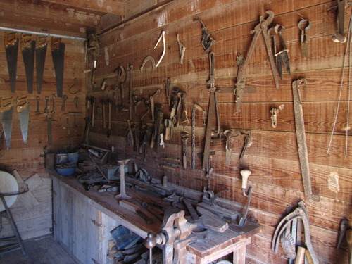 Dozens of various metal tools hang inside on wooden walls above a cluttered wooden workbench.