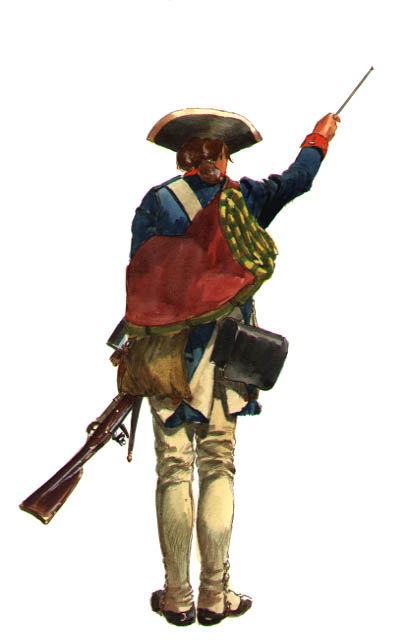 Private from one of the Maryland Regiments of the Continental Army shown from the rear displaying his uniform and equipment.