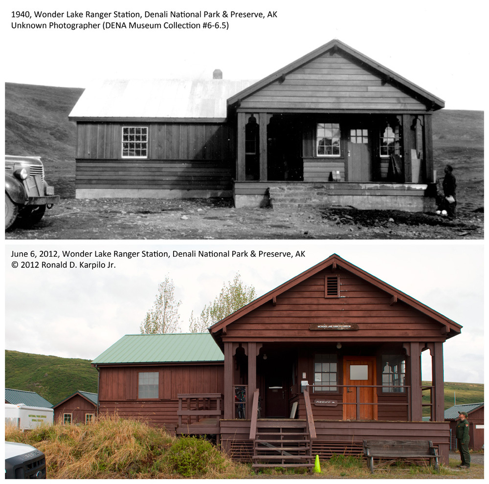 A photo pair showing Human Development and Impacts at Wonder Lake: 1940-2012