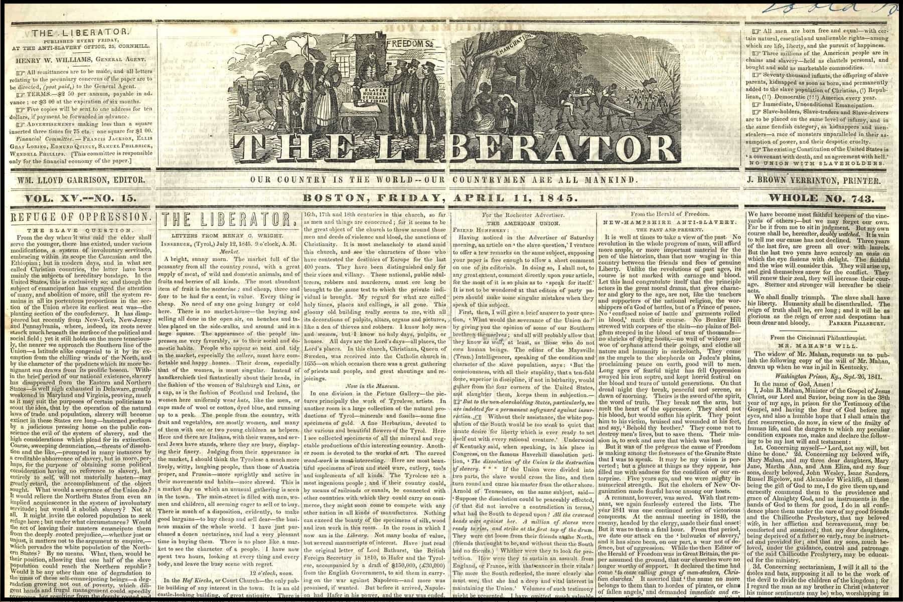 Front page of "The Liberator" April 11, 1845
