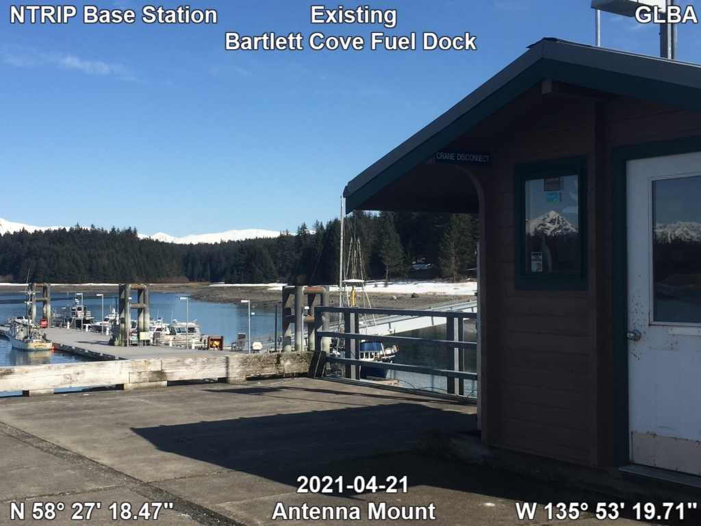 Existing NTRIP base station antenna mount at GLBA Bartlett Cove Fuel Dock. 