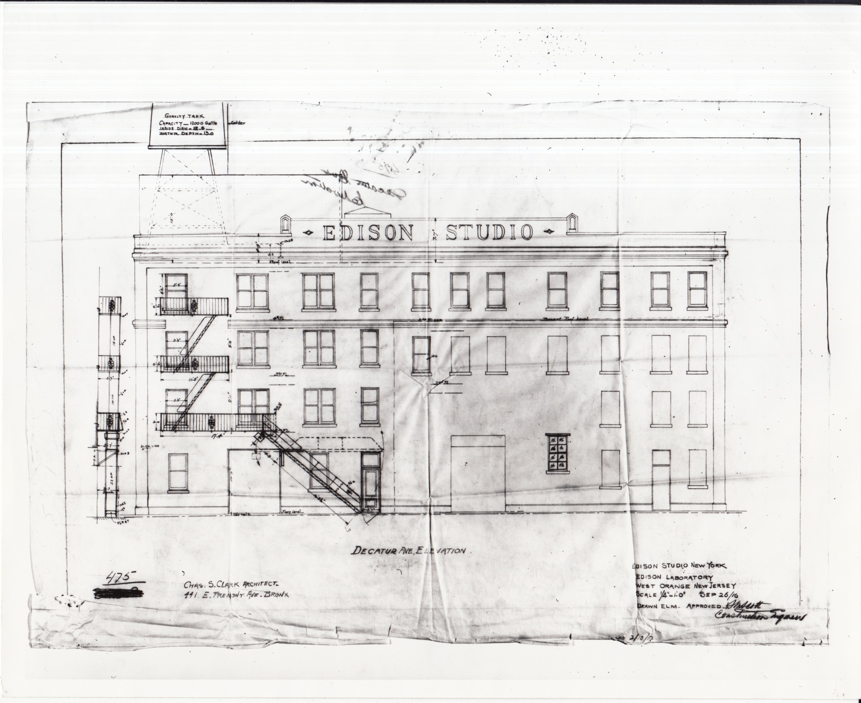 Architect's rendering, Edison motion picture studio, Bronx, New York, Decatur Ave. elevation.