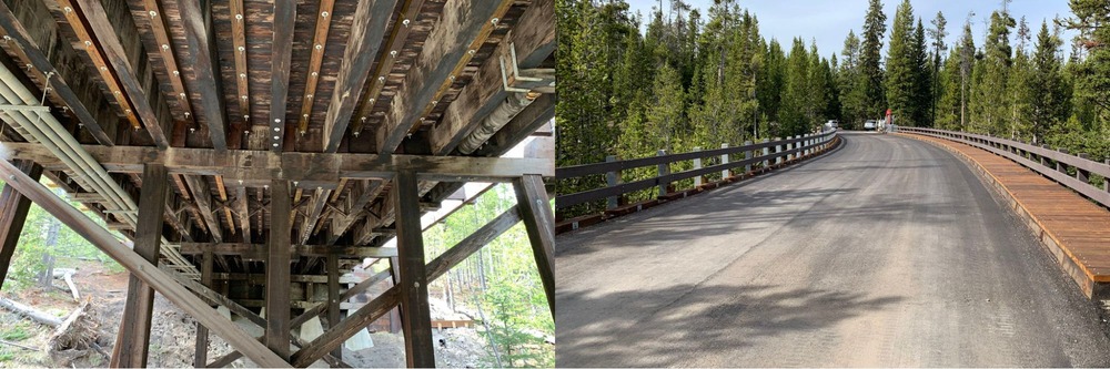 A side-by-side comparison of a bridge before rehabilitation (left) and after rehabilitation (right)