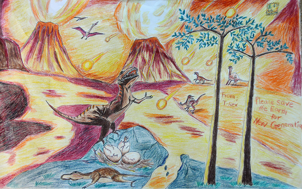 A color drawing of dinosaurs beneath volcanoes and nearby nests with dinosaur eggs in them. There are meteors falling from the sky and the volcanoes are erupting. 