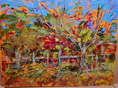 A painting of several fall trees with a fence line in the background.