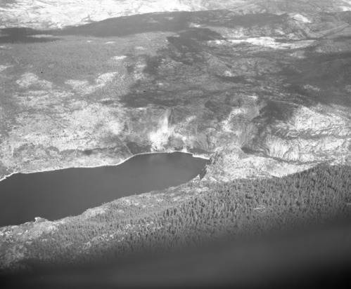 Aerial photograph of Hetch Hetchy Reservoir from flight over park.