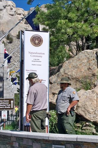 Staff preparing for naturalization ceremony, Mount Rushmore NM, July 14, 2011