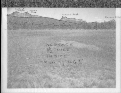 View of peaks from Tuolumne Meadows. For sketch of landscape for nature trail leaflet. [Photo for profile sketch]. [Carbon paper taped over photo with notes and sketches].