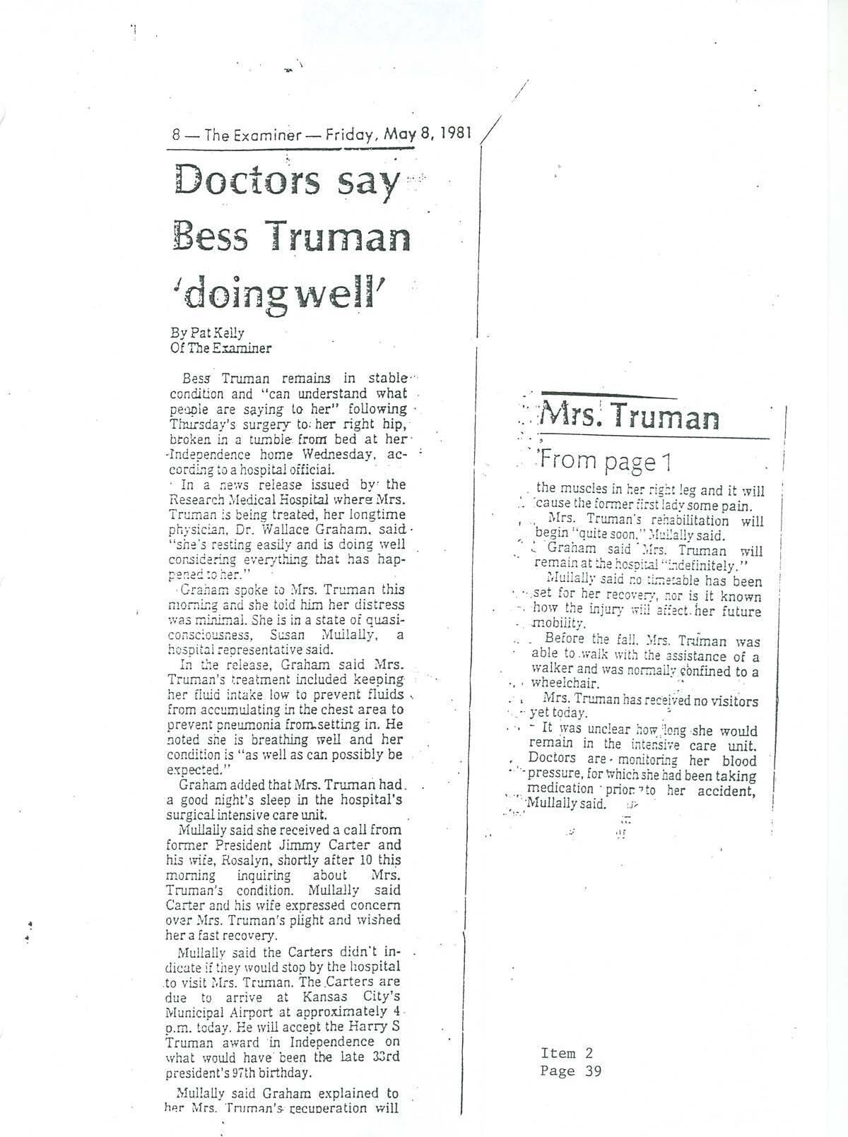 “Doctors say Bess Truman ‘doing well,’” The Examiner, May 8, 1981, p. 8.