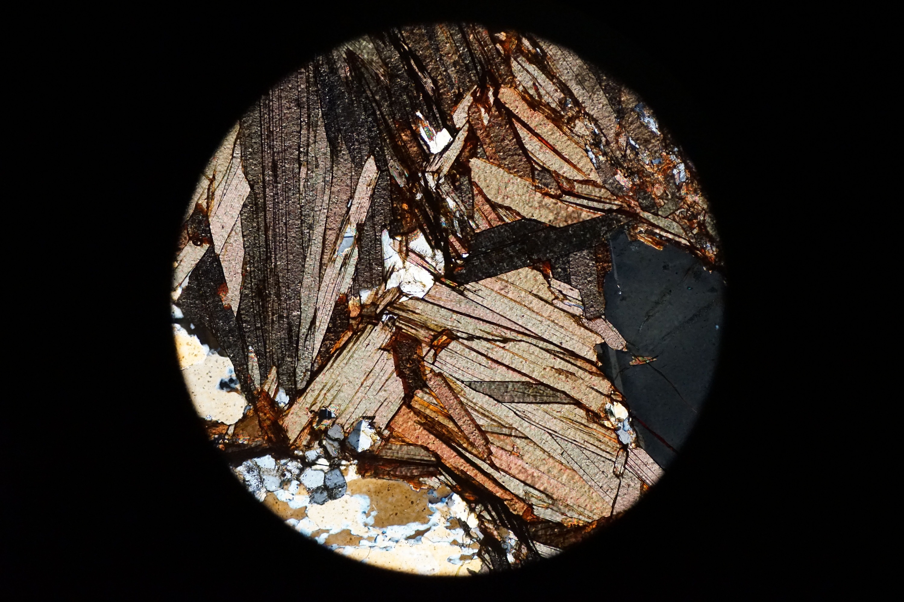 Circular microscopic image of rock structure.