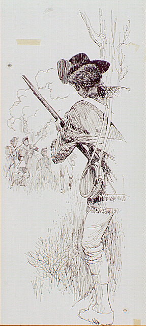 Young Virginia militiaman behind a tree as oncoming ranks of British Highlanders and/or Jagers advance in order from woods.