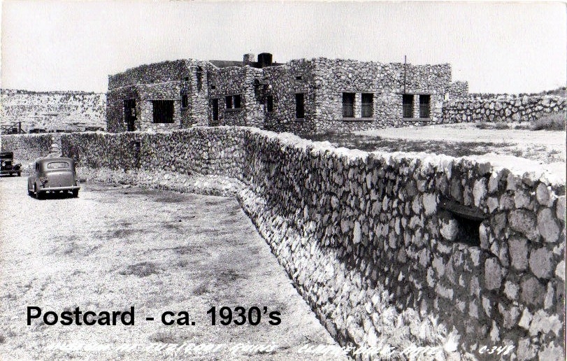 Postcard taken of the completed visitors' center in the 1930s. After excavation and reconstruction of the ruins the crew built the visitors center and museum in the style of the pueblo at Tuzigoot.