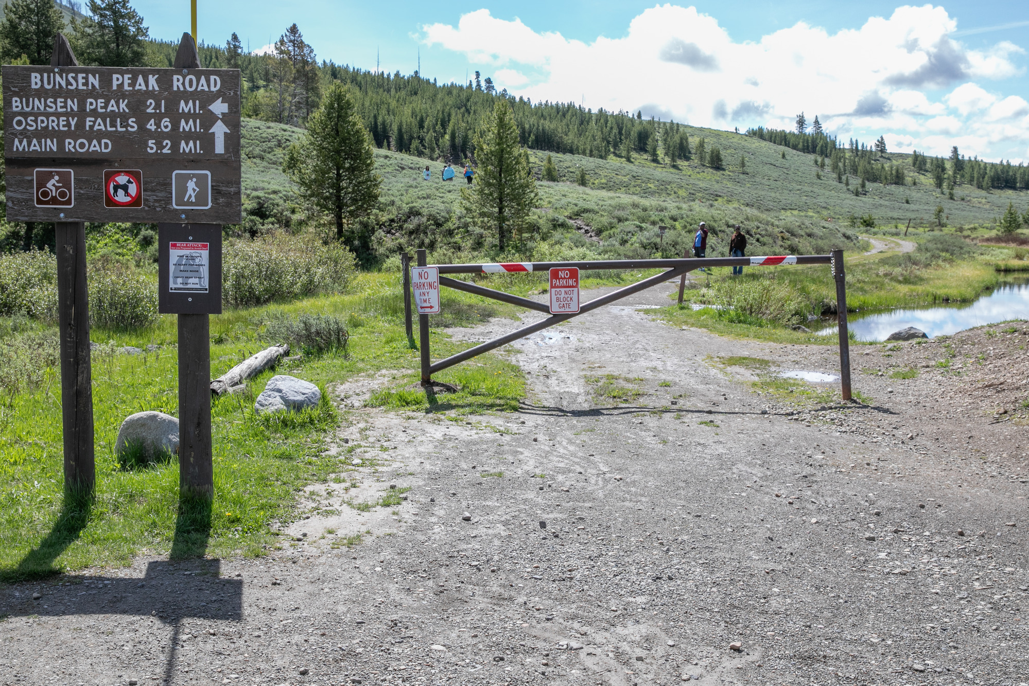 People are walking on a barricaded road.