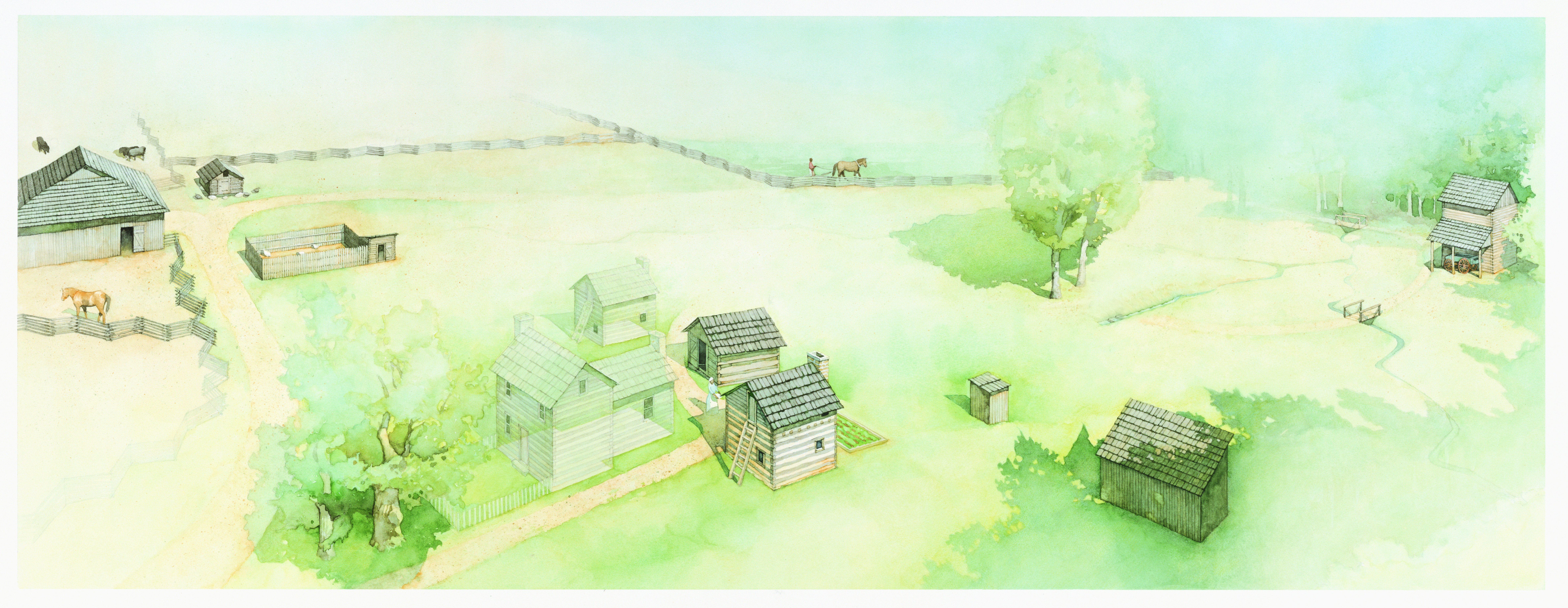 Aerial view from an east southeast perspective of extant buildings and structures of the Booker T. Washington National Monument.