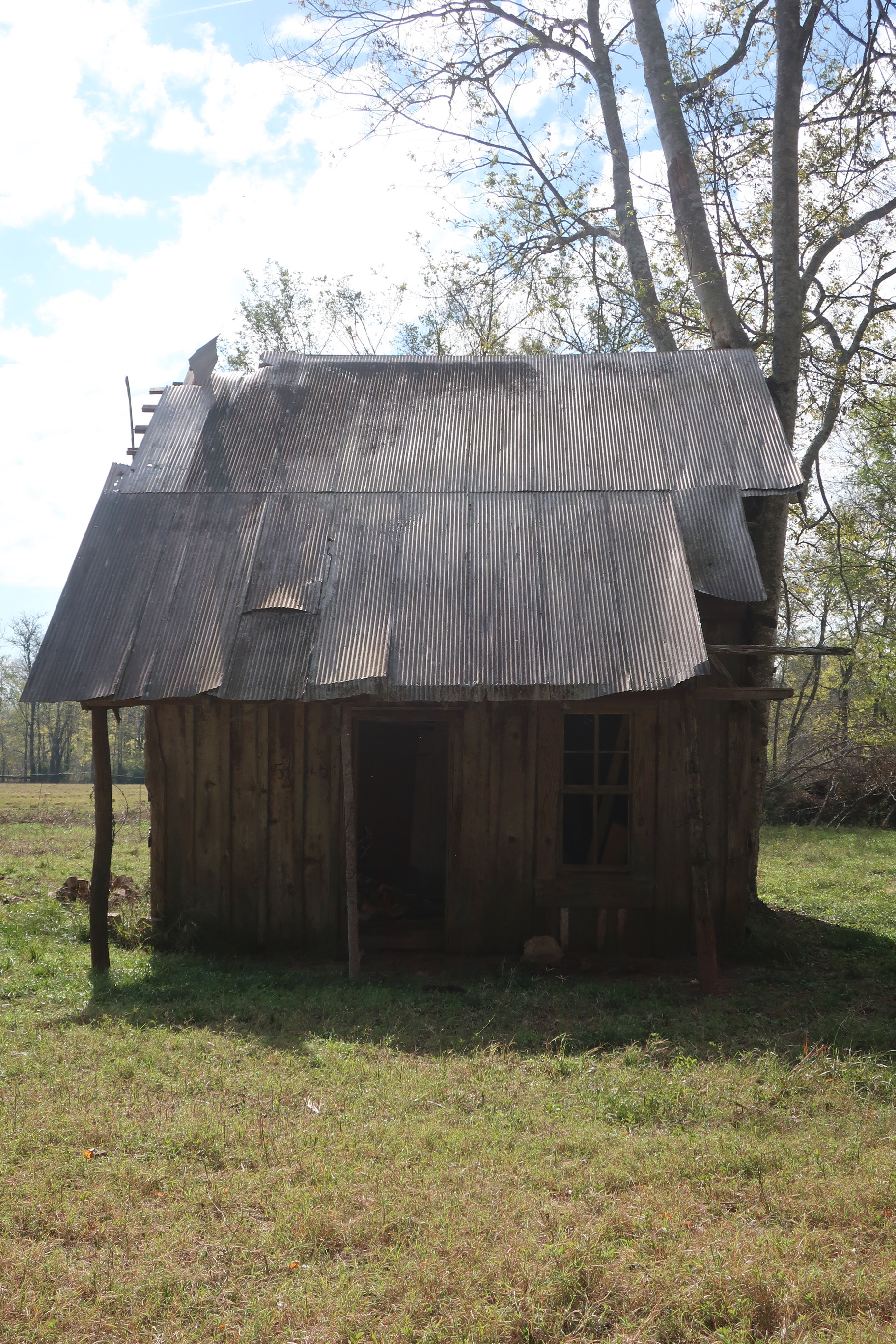 Small wooden structure with metal roofing.