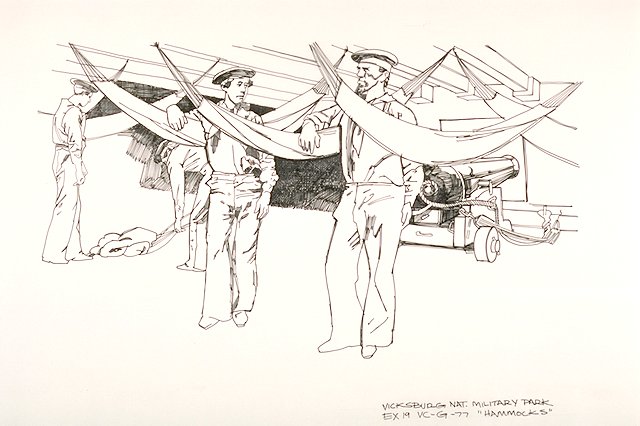 Hammocks strung up on the gun deck of the ironclad gunboat USS Cairo.