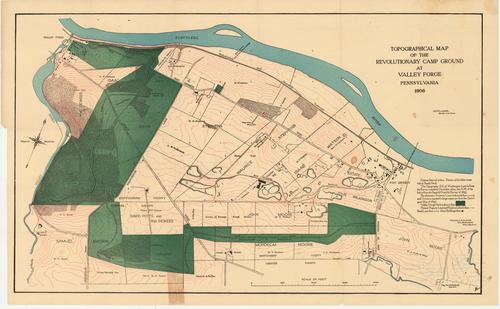 Topographical Map of the Revolutionary Camp Ground at Valley Forge Pennsylvania,   Valley Forge Park is shown in dark green, shows property lines and ground fences, 1906 J.O. Clarke,   Engineer for the Commission