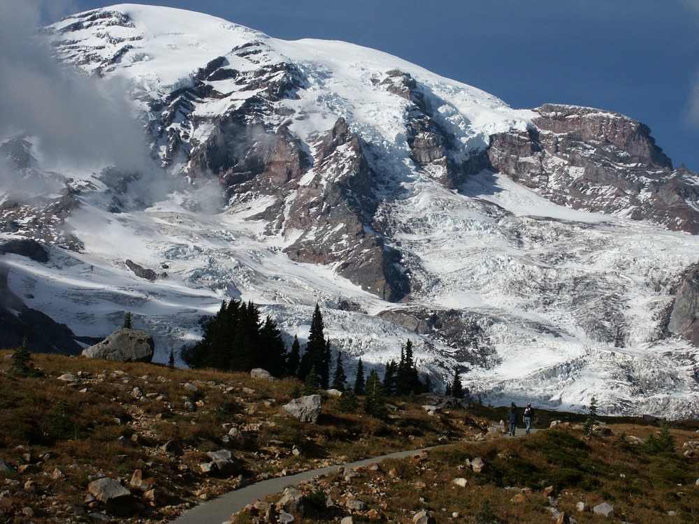 Mount Rainier and Nisqually Glacier viewed from a trail near Paradise in Mount Rainier National Park