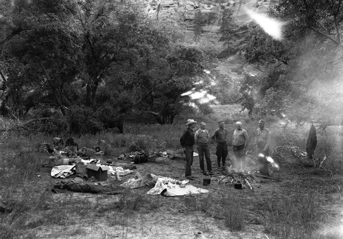 Camp (Gregory and others). Pictured left to right: Chief Ranger Donal Jolley, H. Hirschi, Superintendent Paul R. Franke, Walter Beatty.