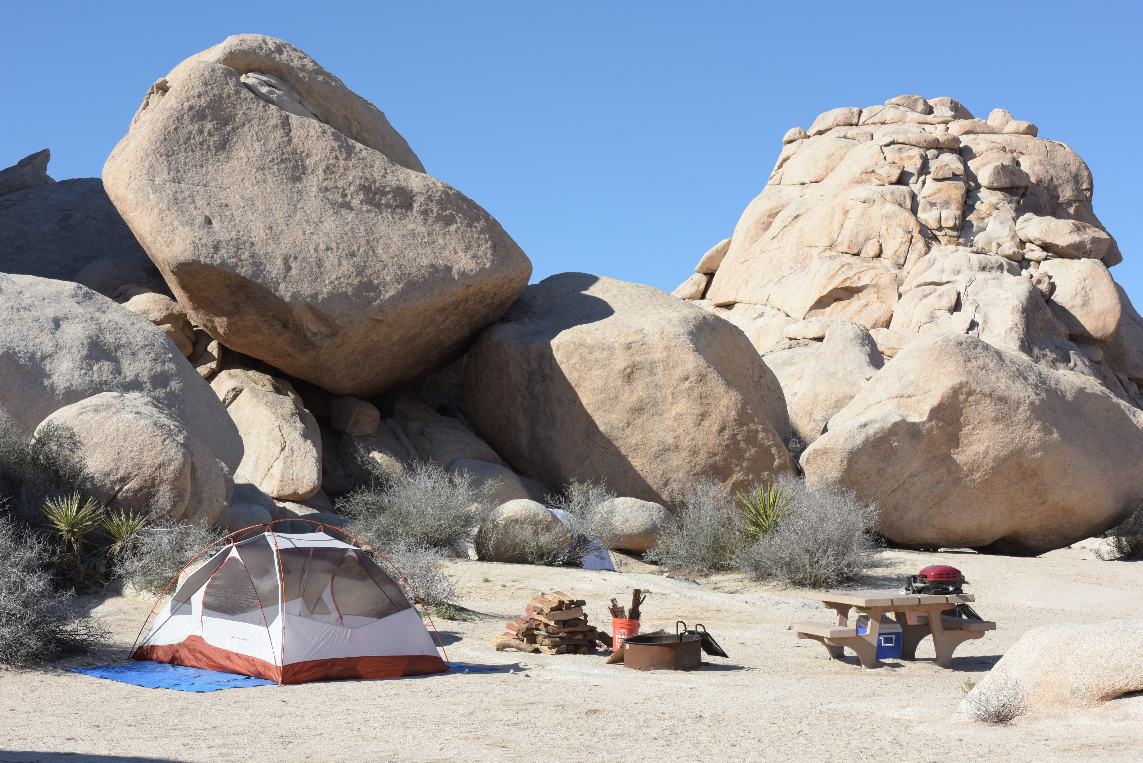 tent in boulders at hidden valley campground