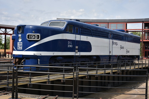 Royal blue diesel engine parked on a turntable